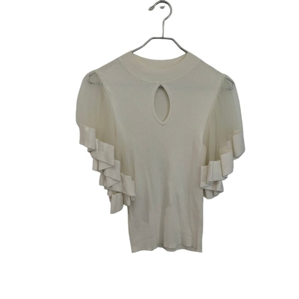 Flutter‎ Sleeve Knit Top White Ribbed Sweater Keyhole S Abstract Fairy Whimsical
